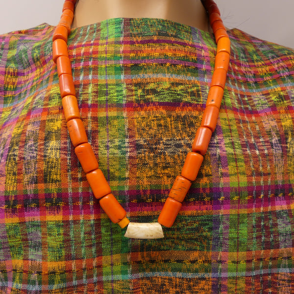 Naga Konyak Necklace, Vintage 1 Strand with Orange Beads and 1 Shell, 26 inches Long