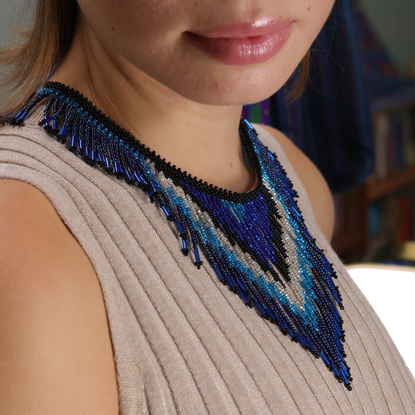 Kinetic Energy, Flowing V Necklace in Turquoise, Gold & Bronze, 18" Long plus 4" Fringe