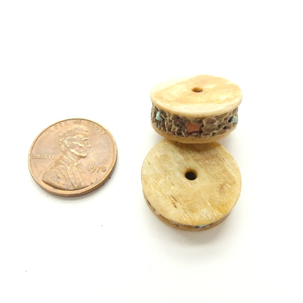 Bone, "Skull" Slices Inlaid with Turquoise, Vintage 16mm Diameter, Sold by the Set of 2