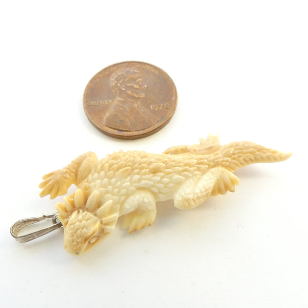 Bone, Dragon Lizard Pendant Carved in Walrus Tusk, 45mm Long with Silver Bail
