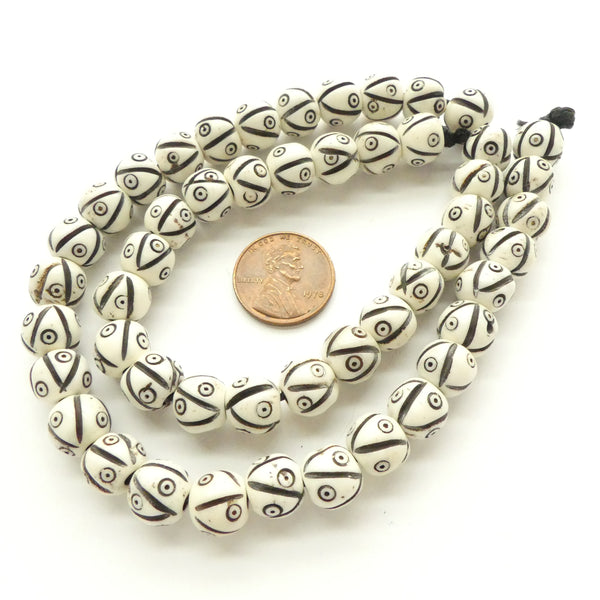 Bone, Indian White Beads with Black Patterns, Round 9mm on 17-inch Strands