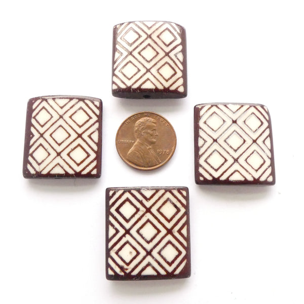 Bone, Tile Pattern Square Beads 24x24mm, Sold by Sets of 4