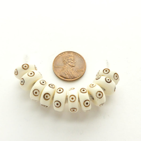 Bone, Indian White Bone Slices Branded with Eye Design, 4x10mm, Sold in Sets of 10
