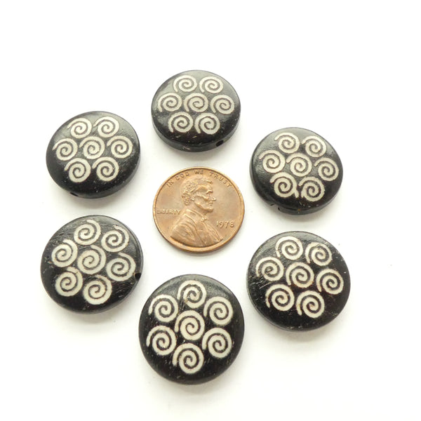 Bone, Batik Coin Shape Beads With Spiral Desings, 20mm Diameter, Sold in Sets of 4