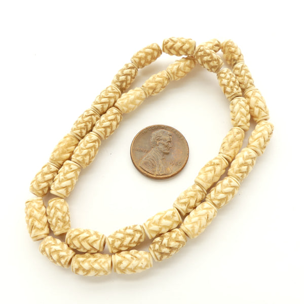 Bone, Barrels, Mini with Basketweave Pattern, 10x6mm, Sold by the Set of 4