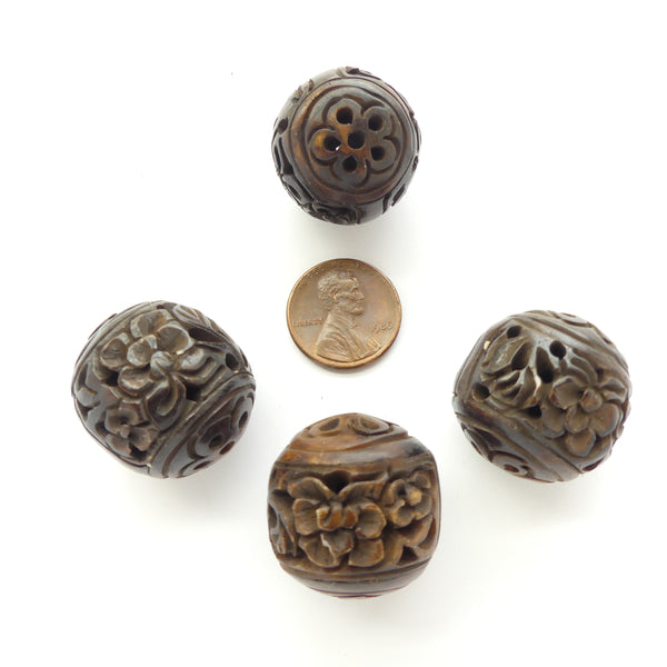 Bone, Round Large Dark Brown with Floral Design, 25mm Diameter, Sold Individually