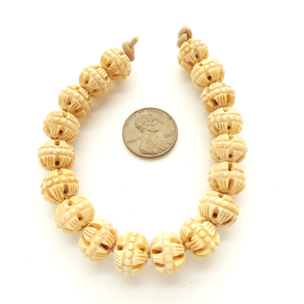 Bone, Oblate Vintage Chinese Beads, Elaborately Carved, 9x11mm, Sold in Sets of 3