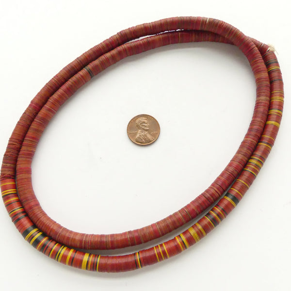 Vinyl Heishi, Vintage Red, Yellow. Black Mix, 8mm Diameter on 34-inch Strands