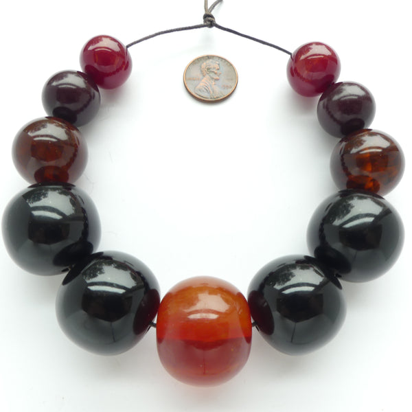 Resin, Red to Black, Graduated Strand of Large Beads, 18 to 27mm Diameter, Sold as Strand