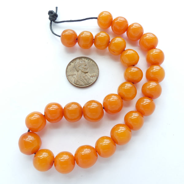 Resin, Round, Yellow-Orange Imitation Amber Beads 10mm Diameter, Strand of 25 Beads