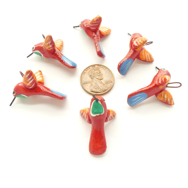 Clay Birds, Mini, Guatemalan, Red & Orange with Blue, 25mm, Sets of 6