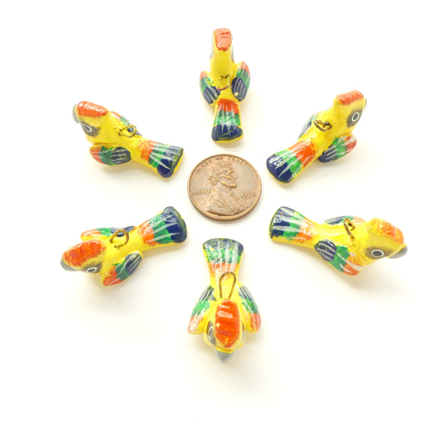 Clay Birds, Mini, Guatemalan, Yellow with Red, Green & Black, 25mm, Sets of 6