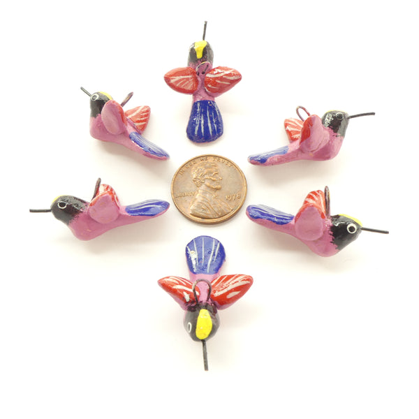 Clay Birds, Mini, Guatemalan, Dusty Rose with Red & Blue, 25mm, Sets of 6