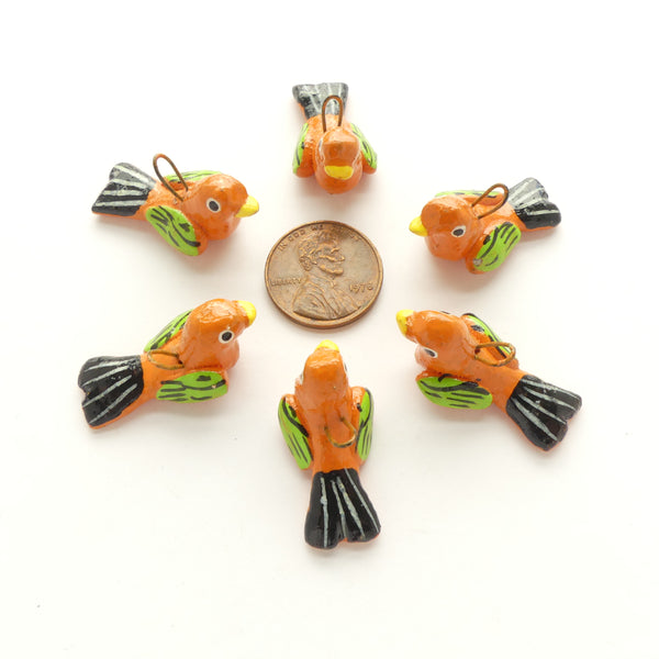 Clay Birds, Mini, Guatemalan, Orange with Green & Black, 25mm, Sets of 6