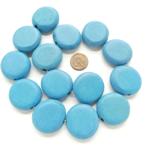 Wood Coin Shape with Rounded Edges, Painted Turquoise, 33mm Diameter on 17-inch Strand