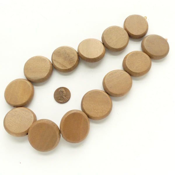 Wood, Coin Shape with Rounded Edges, Stained Brown, 33mm Diameter, 17-inch Strands