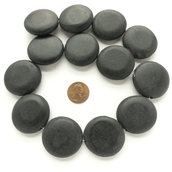 Wood Coin Shape, Painted Semi-Matte Black, 30mm Diameter on 16-inch Strands