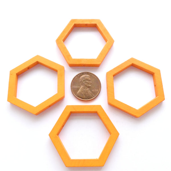 Wood Shapes, Hexagon Orange 35mm Diameter, Sold by Sets of 4