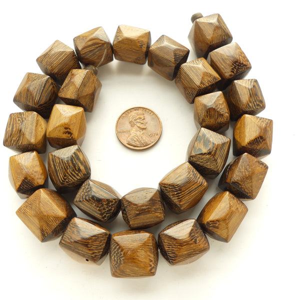 Wood, Faceted Cubes in Fine-Grained Philippine Robles Wood, 15x15mm on 16-inch Strand