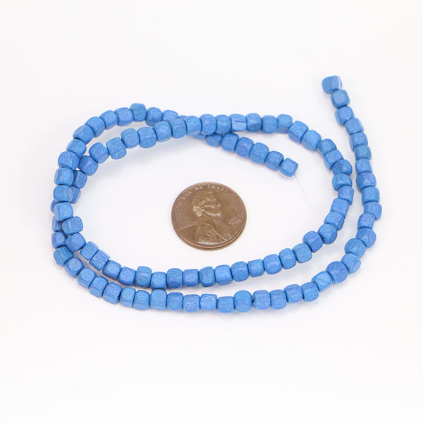 Wood, Cubes, Painted Blue, 4x4mm on 16-inch Strands
