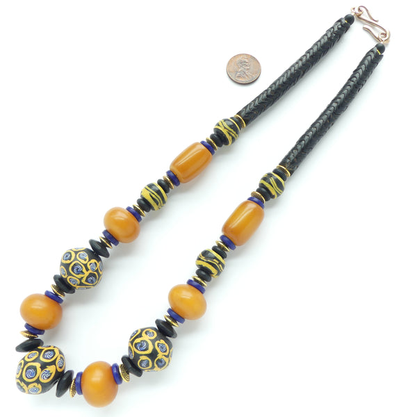 Antique Venetian Lampworked Trade Beads, Antique African Amber & Vintage Snake Glass, 21 inches