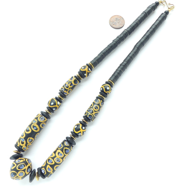 Antique Venetian Lampworked Trade Bead Amber on Black, with Coconut Shell, 21.5-inches