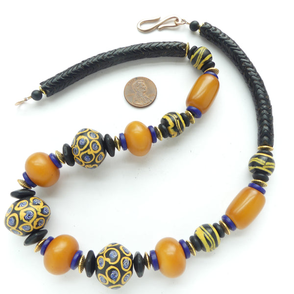 Antique Venetian King Beads with Black & Amber Wave beads, African Amber & More, 21 inches