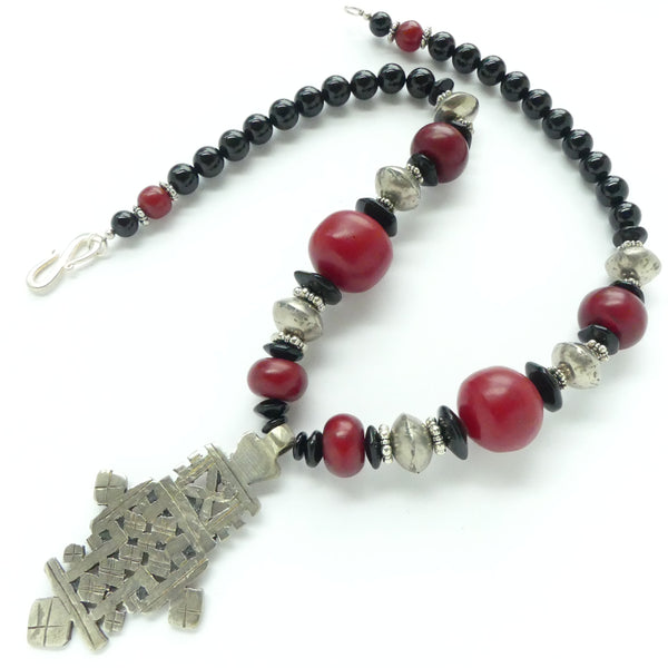 Necklace, Ethiopian Cross with Large White Heart Beads, Coconut Shell & Resin, 20 inches