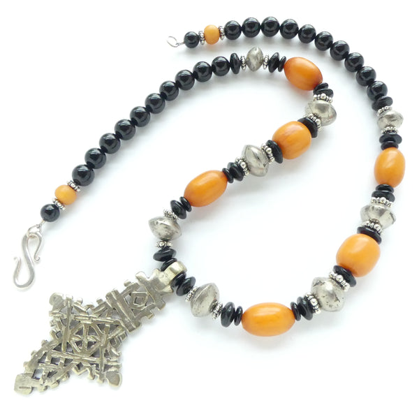 Ethiopian Cross Necklace with Mali Silver, Amber Resin and Black, 26 inches long