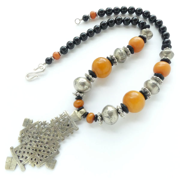 Silver Ethiopian Cross and Mali Beads with Vintage African Amber & Black Onyx, 24 inches