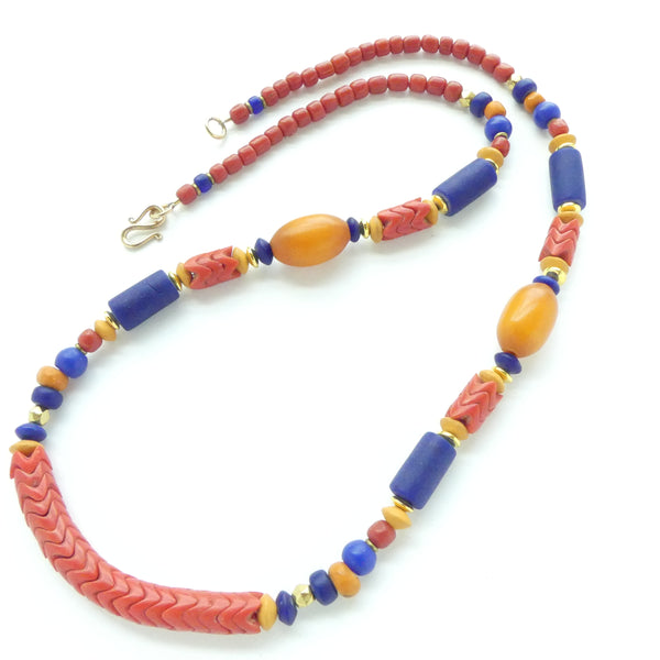 Snake Beads, Coral Color with Amber and Royal Blue, 26 inches long