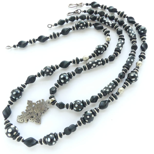 Black & White Antique Venetian Trade Beads with Small Ethiopian Cross, 19 inches long