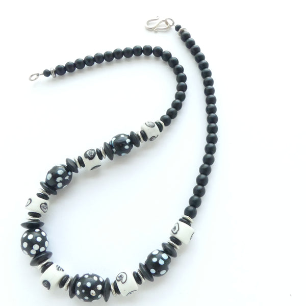 Collectible Black & White Trade Beads to Wear, 17.5 inches