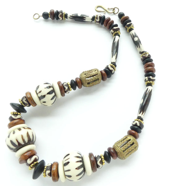 Batik Bone Beads, Oblate & Long with Lost Wax Cast Brass Beads, 21 inches long