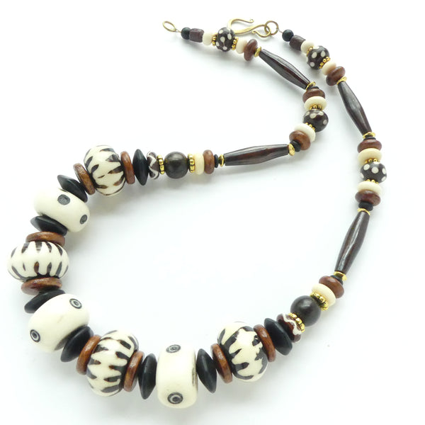 Batik Bone from Kenya & India, with Black Hairpipe Bone Beads, 22 inches long