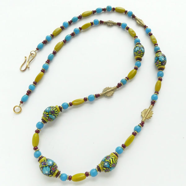Collectible Beads Necklace of Venetian Millefiori & Ghana Brass, 29 inches long