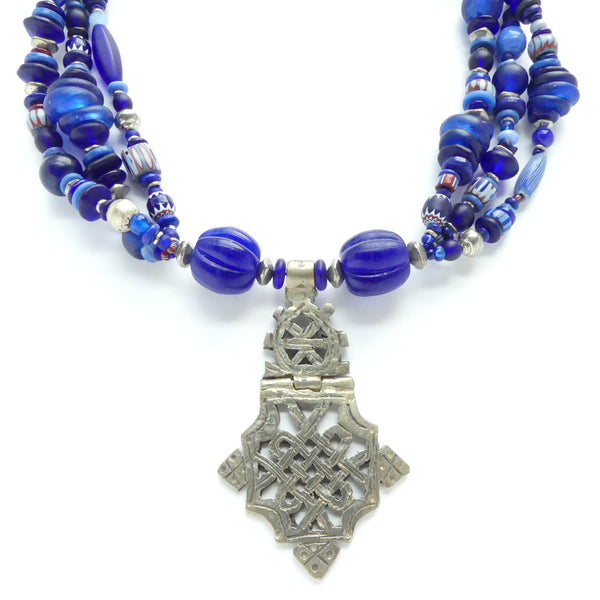 Blue "Bead Soup" Three-Strand Necklace of Assorted Trade Beads, 21 inches long