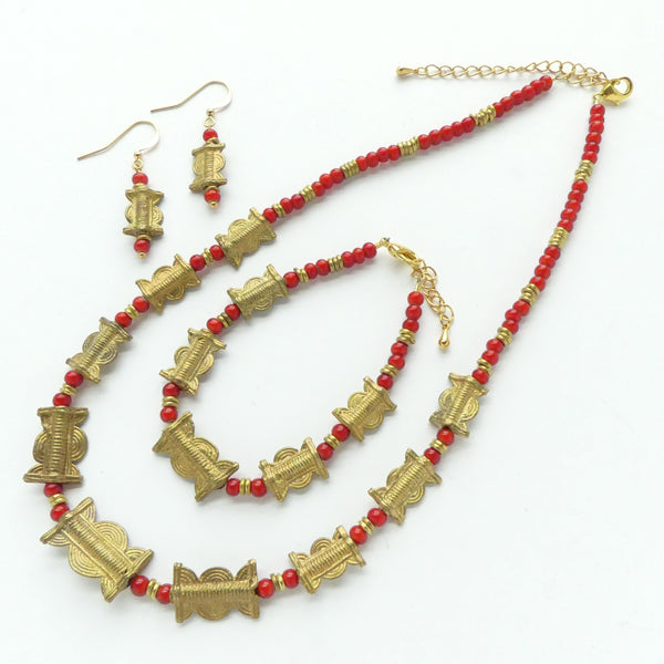Red White Hearts and Lost Wax Cast Brass, Set of Necklace, Bracelet & Earrings