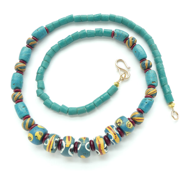Necklace, Turquoise Trade Beads with Antique & Vintage Powder Glass Beads, 25 inches long