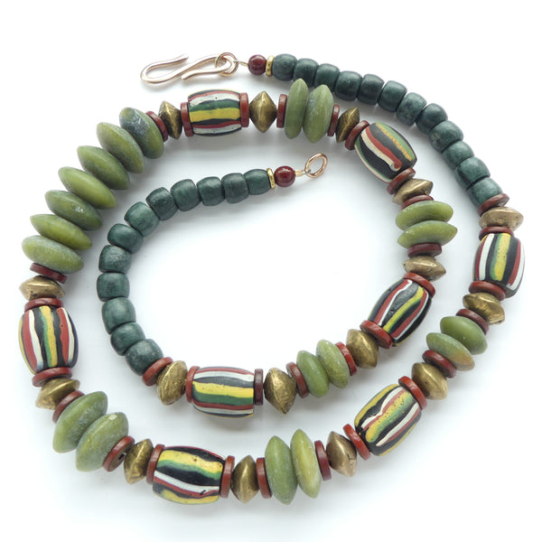 Necklace, Venetian Lampworked Trade Beads, Serpentine, Jade & Brass, 24 inches long
