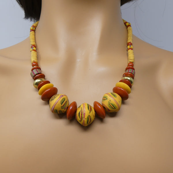African Trade Bead Necklace, Amber King Beads with Glass Snake Beads, 21 inches long