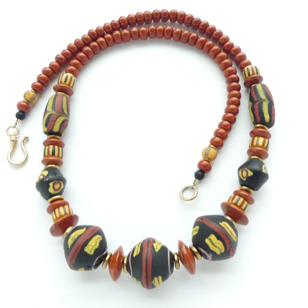 Necklace, African Trade Beads with Red Jasper, 20 inches Long
