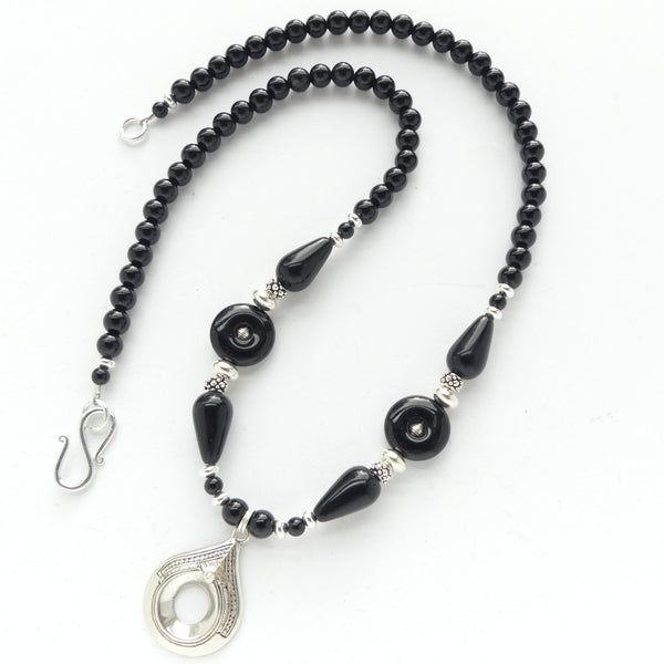 Tuareg Silver Pendant with Black Onyx and Sterling Silver Beads, 21-inches Long