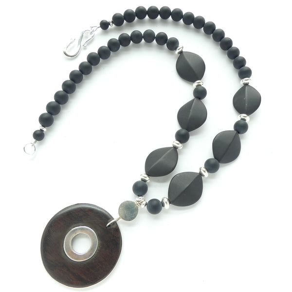 Black Onyx Matte, Necklace with Silver & Ebony Pendant, 20 Inches Long