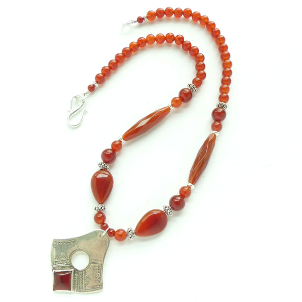 Carnelian with Tuareg Silver Engraved Pendant & Sterling Accent Beads, 18-Inches Long