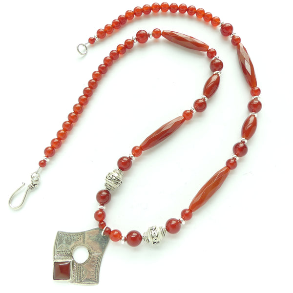 Carnelian with Tuareg Pendant with Engraving and Cabochon, 24" Long