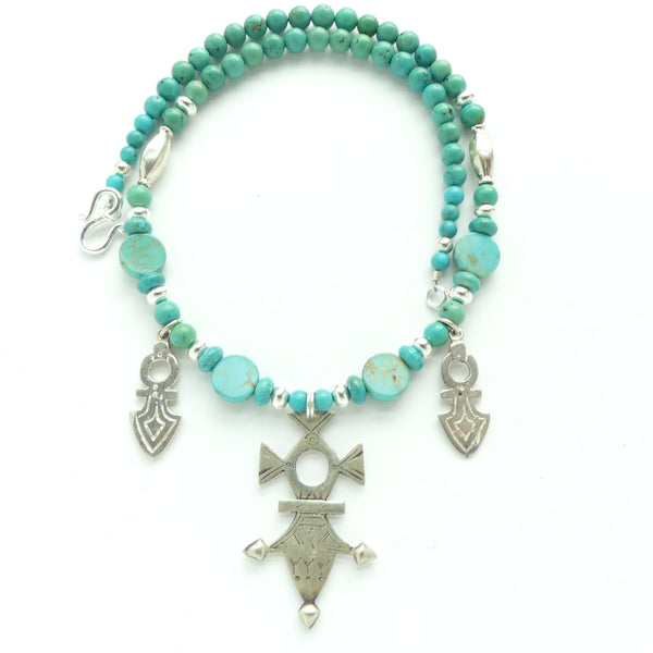 Turquoise with Iferwane Cross & 2 Small Agadez Crosses and Silver Beads, 17 inches