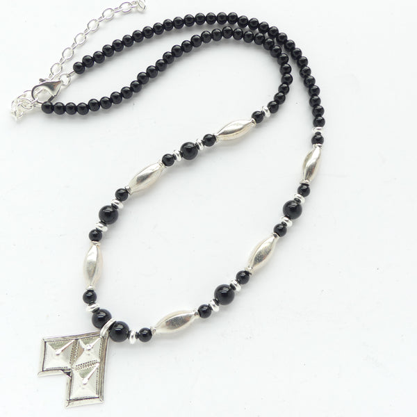 Tuareg Silver Pendant with Indian Sterling Silver Beads & Black Onyx, 18" with Extender to 21"