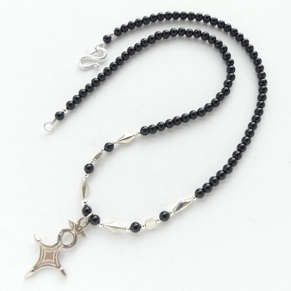 Mini Tuareg Silver Cross of Agadez Pendant with Black Onyx & Indian Silver, 18-inches