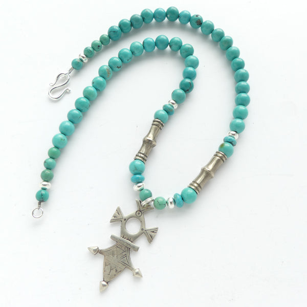 Turquoise with Tuareg Iferwane Silver Cross and Vintage Tuareg Beads, 17-inches Long